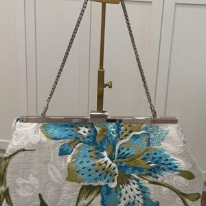 Bright blue embroidered flower clutch, w silver chain